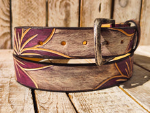 Handcrafted White Leather Belt with Engraved Purple Flower Design and Blackwash Finish