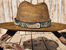 Handcrafted Straw Hat with Turquoise Flower & Vintage Brown Leather Band | Unique Boho-Chic Design