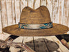 Handcrafted Straw Hat with Turquoise Flower & Vintage Brown Leather Band | Unique Boho-Chic Design