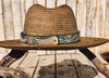 Handcrafted Straw Hat with Turquoise Flower & Vintage Brown Leather Band | Unique Boho-Chic Design