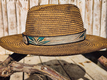 Handcrafted Straw Hat with Turquoise Flower & Vintage Brown Leather Band | Unique Boho-Chic Design