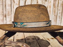 Handcrafted Straw Hat with Turquoise Flower & Vintage Brown Leather Band | Unique Boho-Chic Design