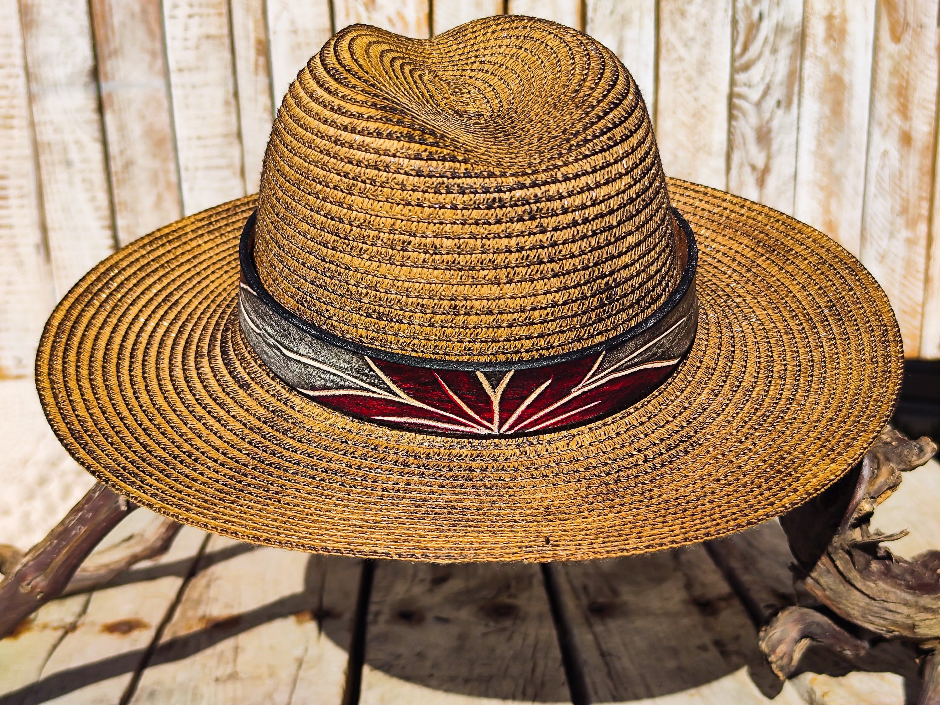 Handcrafted Straw Hat with Red Flower & Vintage Brown Leather Band | Unique Boho-Chic Design