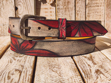 Handmade Leather Belt with Red Flower Carvings - Unique White Leather Belt with Black Wash and Lines - Custom Vintage Texture by ISHAOR