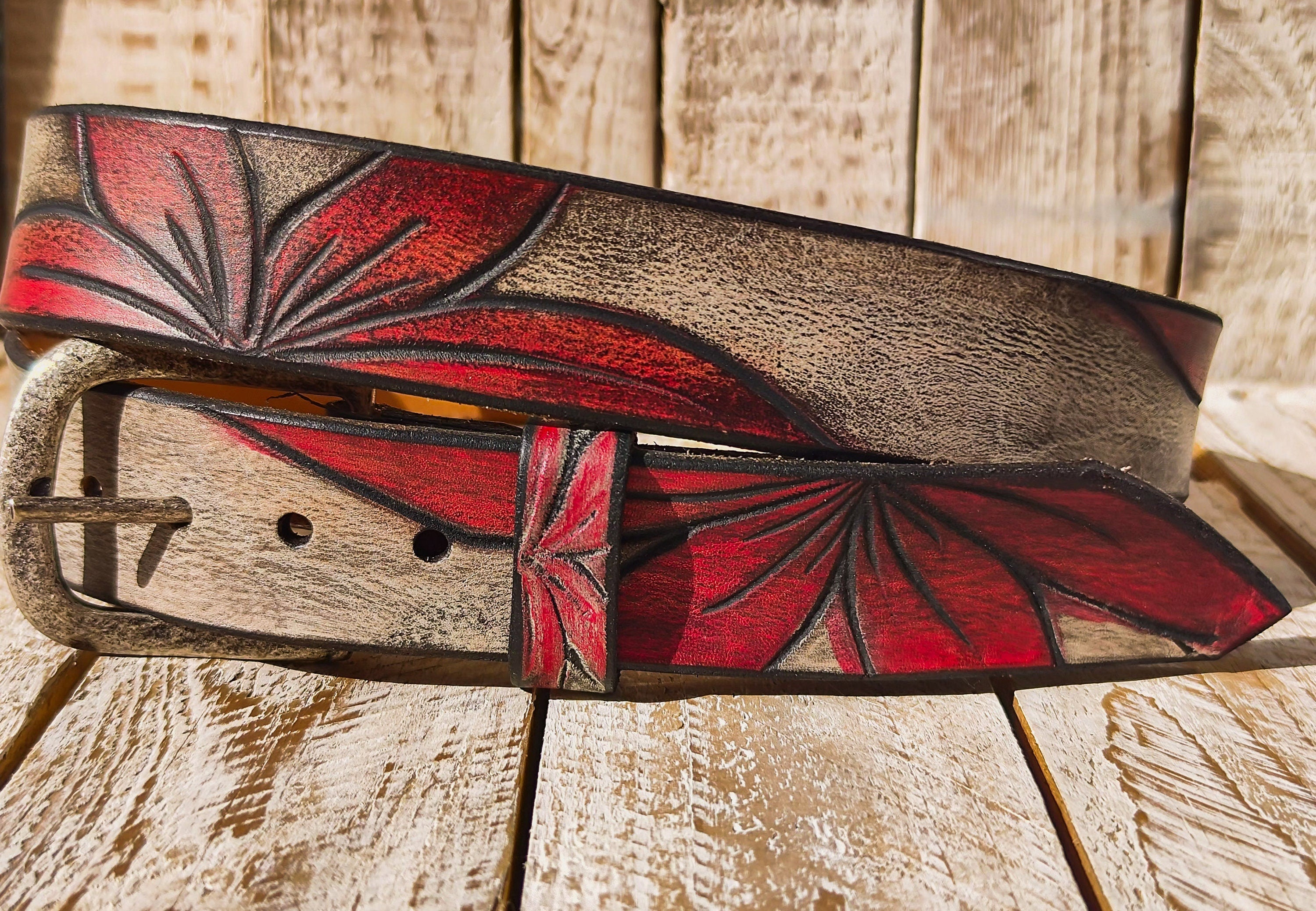 Handmade Leather Belt with Red Flower Carvings - Unique White Leather Belt with Black Wash and Lines - Custom Vintage Texture by ISHAOR