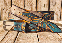 Handmade Leather Belt with Turquoise Floral Carving | Unique White Leather Belt with Brown Wash Finish | Handcrafted Artistic Belt