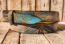 Handmade Leather Belt with Turquoise Floral Carving | Unique White Leather Belt with Brown Wash Finish | Handcrafted Artistic Belt