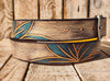 Handmade Leather Belt with Turquoise Floral Carving | Unique White Leather Belt with Brown Wash Finish | Handcrafted Artistic Belt