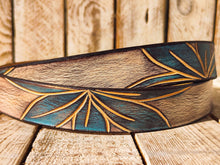 Handmade Leather Belt with Turquoise Floral Carving | Unique White Leather Belt with Brown Wash Finish | Handcrafted Artistic Belt