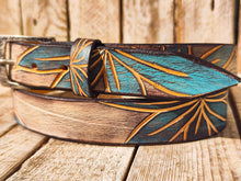 Handmade Leather Belt with Turquoise Floral Carving | Unique White Leather Belt with Brown Wash Finish | Handcrafted Artistic Belt