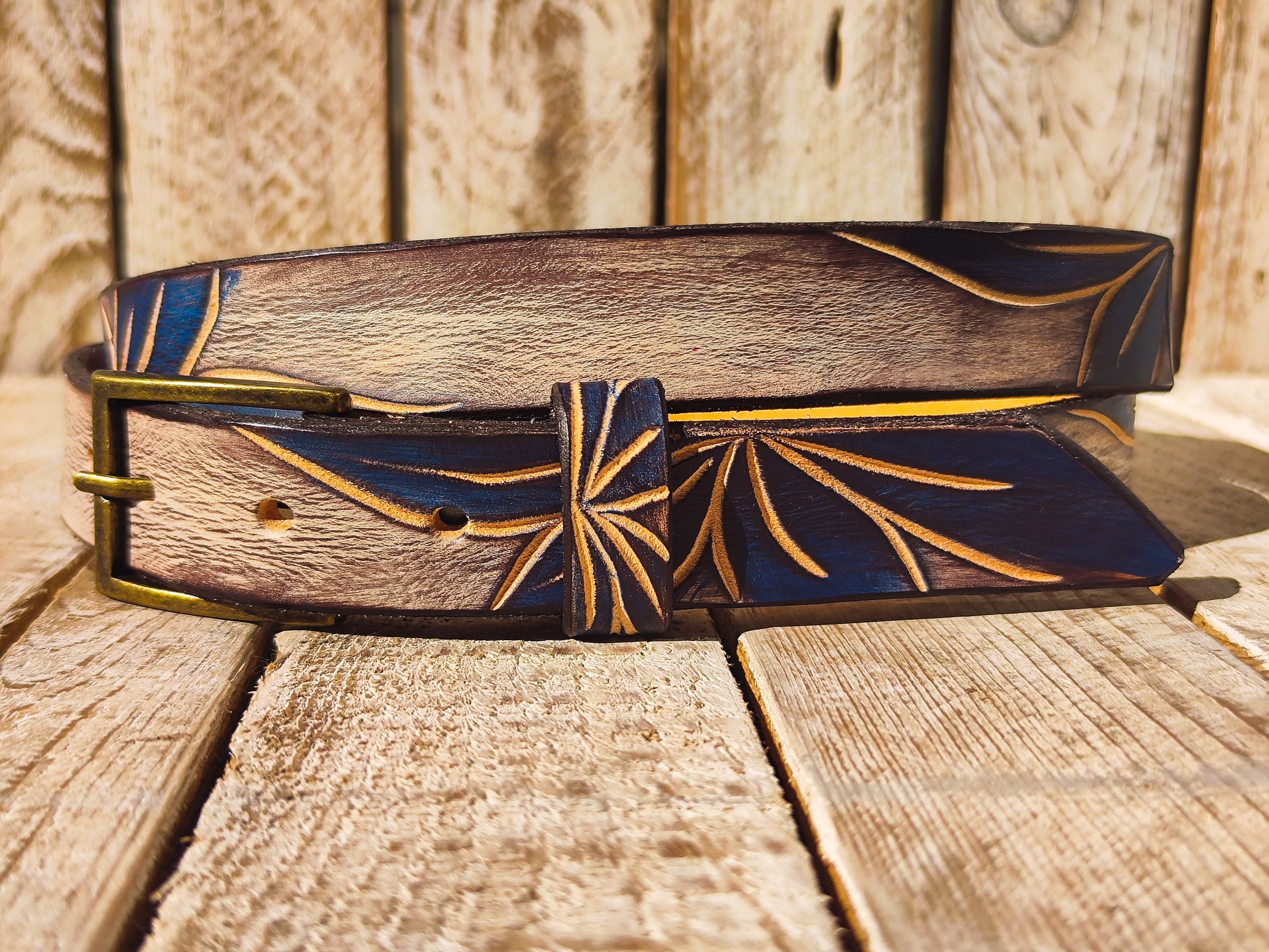 Handmade Leather Belt with Blue Floral Carving | Unique White Leather Belt with Black Wash Finish | Handcrafted Artistic Belt