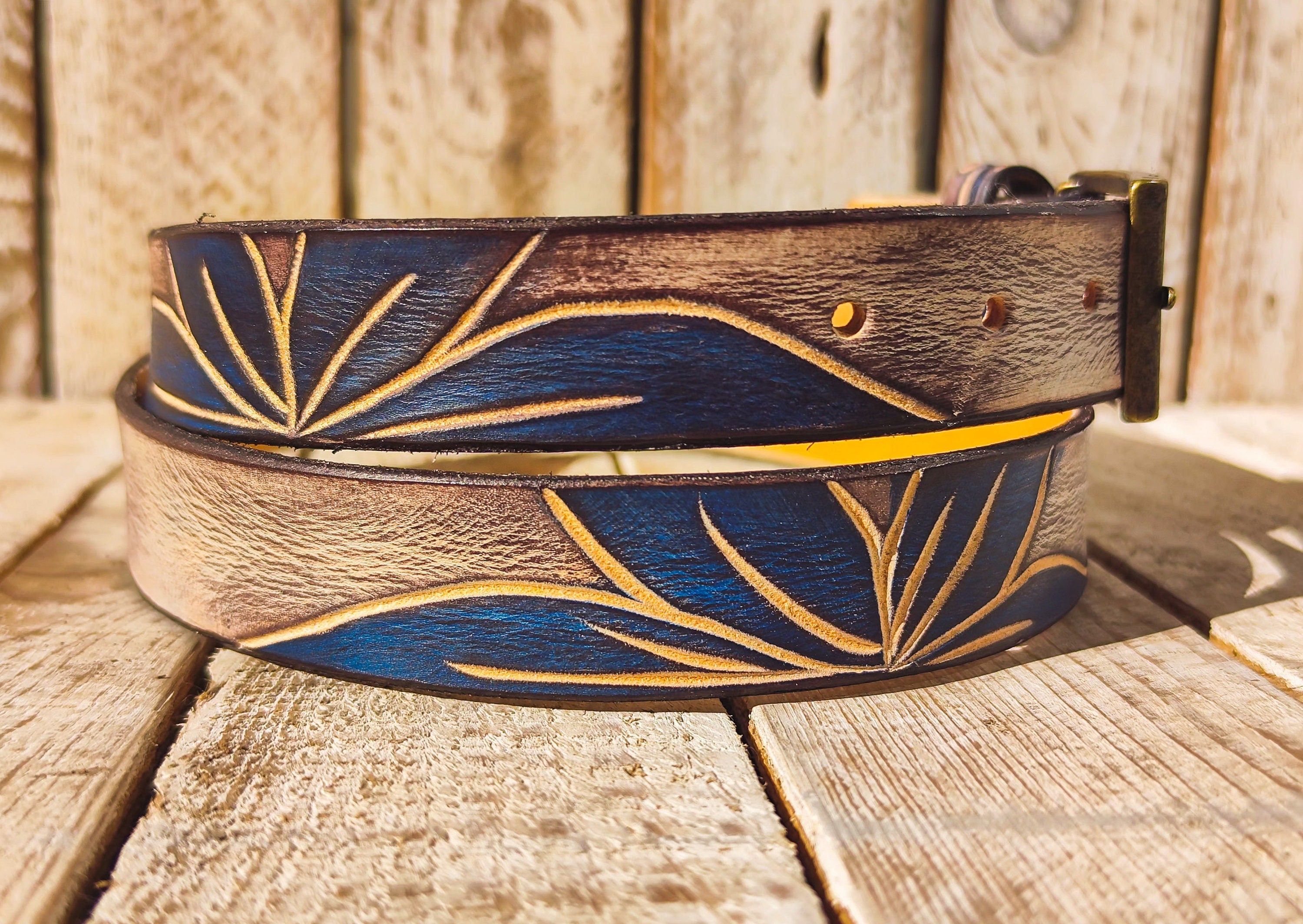 Handmade Leather Belt with Blue Floral Carving | Unique White Leather Belt with Black Wash Finish | Handcrafted Artistic Belt