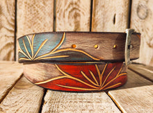 Handmade Leather Belt with Turquoise, Purple & Orange Floral Carvings on White Background with Black Wash - 3.2cm