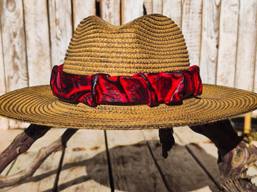 Handcrafted Straw Hat with Carved Leather Band - Bold 3D Design - Red and Black