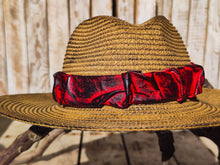 Handmade Straw Hat with Red and Black Carved Leather Band – Unique 3D Textured Design