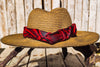 Handmade Straw Hat with Red and Black Carved Leather Band – Unique 3D Textured Design