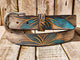 Handmade Leather Belt with Turquoise Floral Carving | Unique White Leather Belt with Brown Wash Finish | Handcrafted Artistic Belt