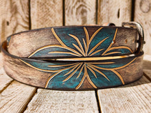 Handmade Leather Belt with Turquoise Floral Carving | Unique White Leather Belt with Brown Wash Finish | Handcrafted Artistic Belt