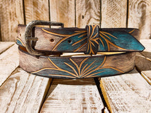 Handmade Leather Belt with Turquoise Floral Carving | Unique White Leather Belt with Brown Wash Finish | Handcrafted Artistic Belt