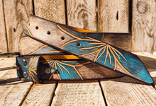 Handmade Leather Belt with Turquoise Floral Carving | Unique White Leather Belt with Brown Wash Finish | Handcrafted Artistic Belt