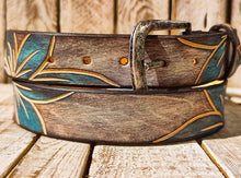 Handmade Leather Belt with Turquoise Floral Carving | Unique White Leather Belt with Brown Wash Finish | Handcrafted Artistic Belt