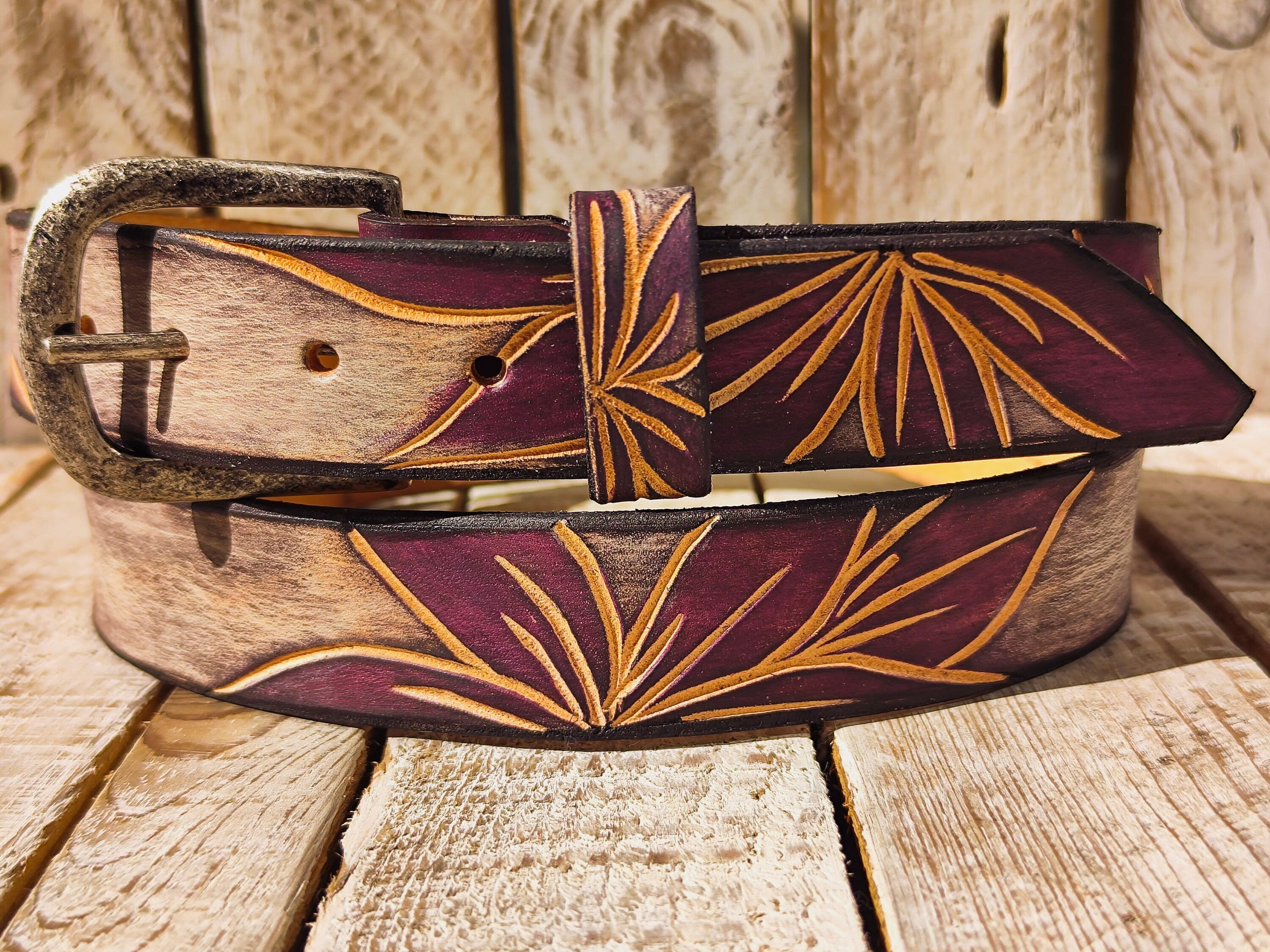 Handcrafted White Leather Belt with Engraved Purple Flower Design and Blackwash Finish