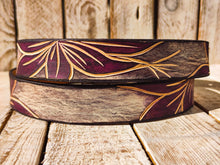 Handcrafted White Leather Belt with Engraved Purple Flower Design and Blackwash Finish