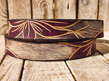 Handcrafted White Leather Belt with Engraved Purple Flower Design and Blackwash Finish