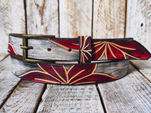 Handmade Leather Belt with Red Flower Carvings - Unique White Leather Belt with Black Wash, Unique Piece to Wear with Jeans