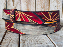 Handmade Leather Belt with Red Flower Carvings - Unique White Leather Belt with Black Wash, Unique Piece to Wear with Jeans