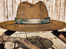 Handcrafted Straw Hat with Turquoise Flower & Vintage Brown Leather Band | Unique Boho-Chic Design