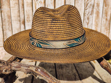 Handcrafted Straw Hat with Turquoise Flower & Vintage Brown Leather Band | Unique Boho-Chic Design