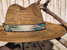 Handcrafted Straw Hat with Turquoise Flower & Vintage Brown Leather Band | Unique Boho-Chic Design