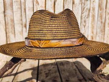 Handcrafted Straw Hat with Yellow Flower & Vintage Brown Leather Band | Unique Boho-Chic Design