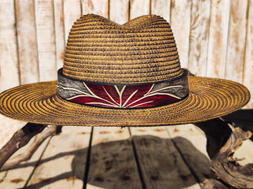 Handcrafted Straw Hat with Red Flower Vintage Leather Band - Unique Boho-Chic Design