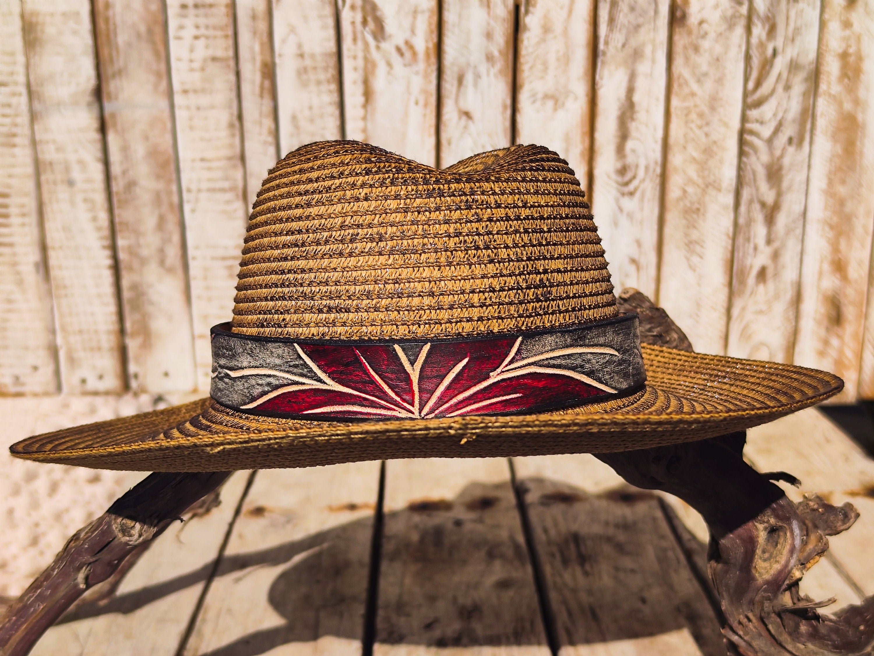 Handcrafted Straw Hat with Red Flower & Vintage Brown Leather Band | Unique Boho-Chic Design