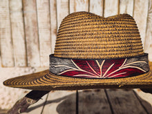 Handcrafted Straw Hat with Red Flower & Vintage Brown Leather Band | Unique Boho-Chic Design