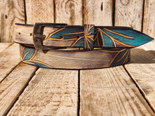 Handmade Leather Belt with Turquoise Floral Carving | Unique White Leather Belt with Brown Wash Finish | Handcrafted Artistic Belt