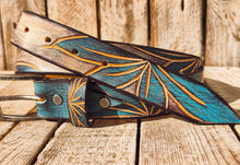 Handmade Leather Belt with Turquoise Floral Carving | Unique White Leather Belt with Brown Wash Finish | Handcrafted Artistic Belt