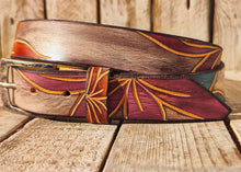 Handmade Leather Belt with Turquoise, Purple & Orange Floral Carvings on White Background with Black Wash - 3.2cm