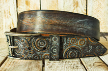 Handmade Brown Leather Belt with grey Motorcycle Gear Design – Unique 4.2cm Wide Belt by Ishaor