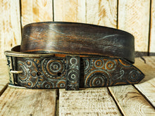 Handmade Brown Leather Belt with grey Motorcycle Gear Design – Unique 4.2cm Wide Belt by Ishaor