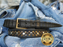 Handcrafted Black Leather Mens Belt with Rivets - Narrow Metal Rocker Gift for Boyfriend