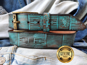 Handmade Personalized Leather Belt with Turquoise Brown Embossed Design - Ideal Christmas Gift for Tech Enthusiasts - Ishaor Cooler Belt