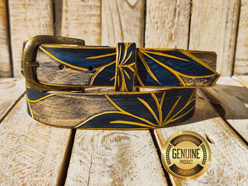 Artisanal White Leather Belt with Engraved Blue Flower Design, Black Wash Finish, and Gilded Details