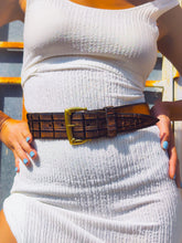 Handmade Brown Leather Waist Belt with Crocodile Tail Cut and Unique Gold Buckle – 5cm Wide, Perfect for Dresses & Jeans