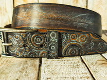 Handmade Brown Leather Belt with grey Motorcycle Gear Design – Unique 4.2cm Wide Belt by Ishaor