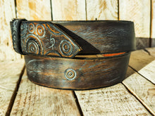 Handmade Brown Leather Belt with grey Motorcycle Gear Design – Unique 4.2cm Wide Belt by Ishaor