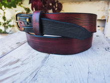 Handmade Red Leather Belt with Black Wash, Unique Design with Black End connect with two Pieces and Bronze Rivet Decorations