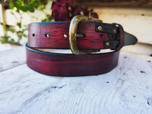 Handmade Red Leather Belt with Black Wash, Unique Design with Black End connect with two Pieces and Bronze Rivet Decorations